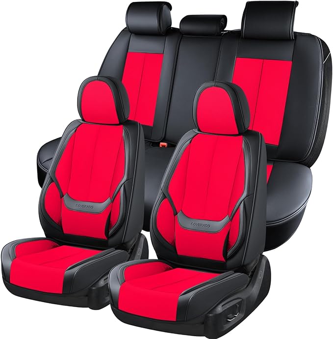 Coverado Seat Covers Full Set, Breathable Fabric&Leather Car Seat Cover, 5 Seats Universal Car Seat Protectors, Seat Cover Wa