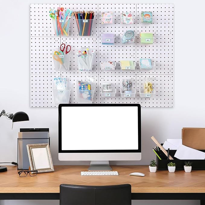 Uiifan 18 Set Pegboard Bins Kit Plastic Pegboard Cups with Metal Hooks Wall Containers Organizer Accessories with Label Stick