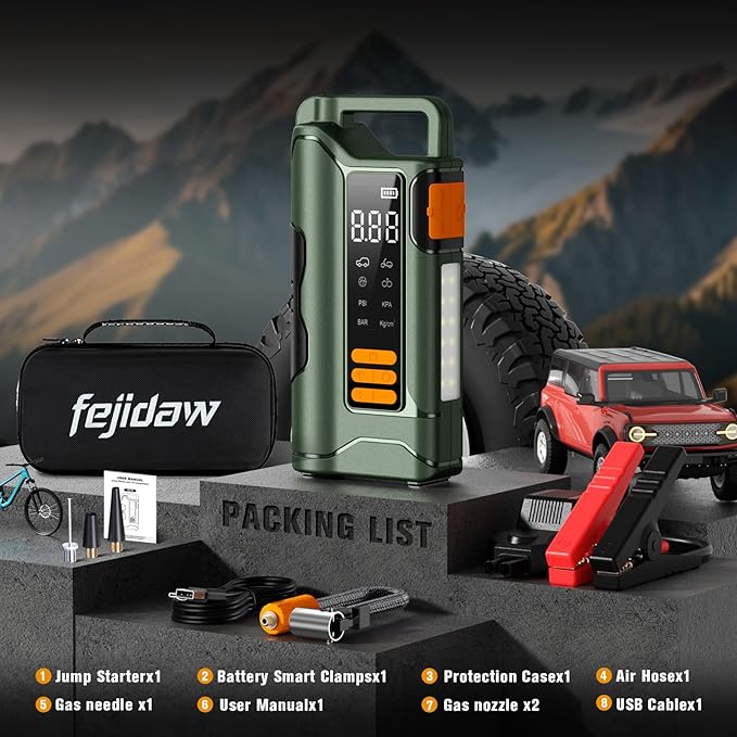Jump Starter with Air Compressor,5000A Car Battery Jumper Starter, 16000mAh Battery Jumper Starter Portable for 10L