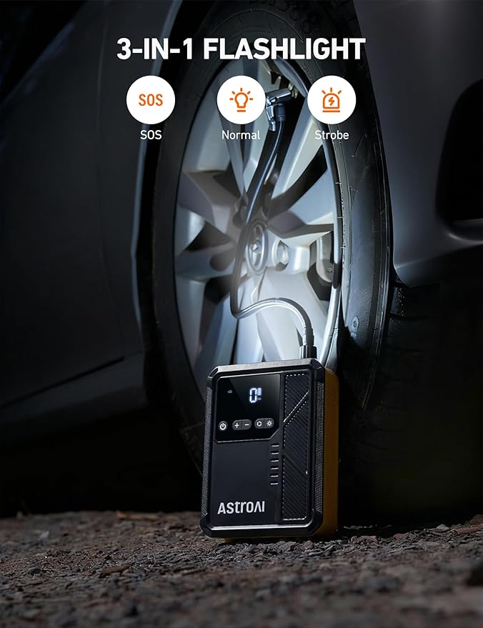 AstroAI Beta822 3000A Jump Starter with Air Compressor, 150PSI Portable Tire Inflator with Auto-Shutoff, 12V Car Battery