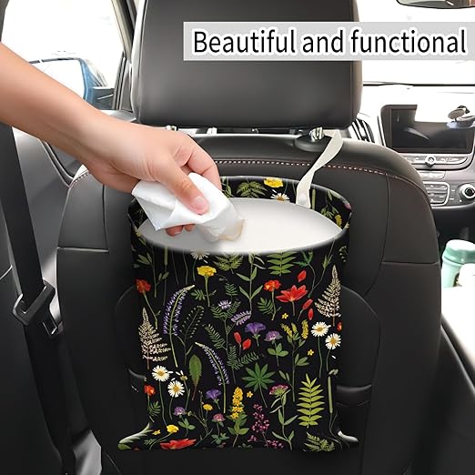 Car Trash Can, Hanging Garbage Bin for Men and Women, Cute Car Organizer and Storage Bag, Canvas Vehicle Trash Can Bag Easy-to-Install Cute Black Floral