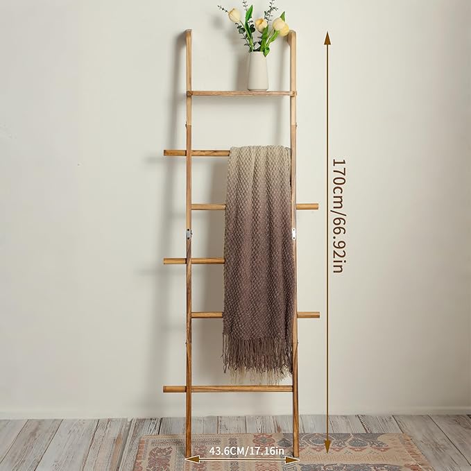 ZUNTO Blanket Ladder with Top Shelf for The Living Room - 67in Decorative Wooden Blanket Holder, 5 Tier with Side Hooks for H