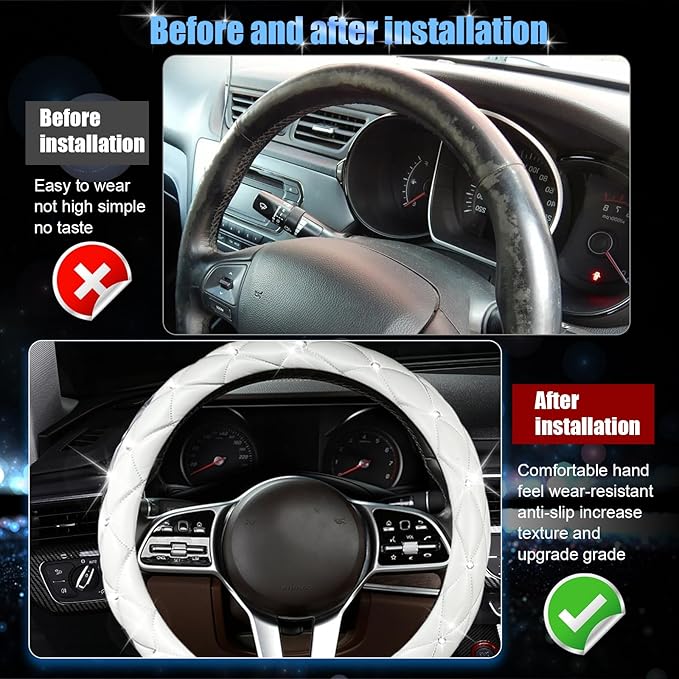 SuperKaKa Steering Wheel Cover, Auto Cute PU Diamond Bling Breathable Soft Comfort Leather Car Interior Accessories Sparkly F