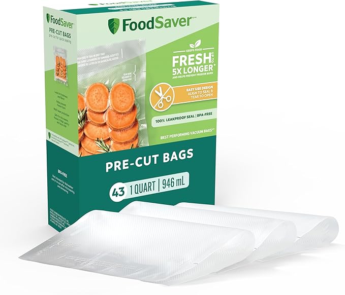 FoodSaver Quart Pre-Cut Vacuum Seal Bags, Easy Use Vacuum Storage Bags, Align to Seal and Tear to Open Vacuum Sealer Storage 