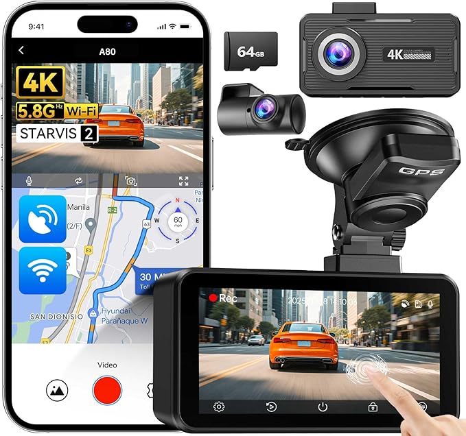 JOMISE 4K Dual Dash Cam Front and Rear,Dashcam for Cars with 3.2" Touchscreen, 64GB Card, GPS & 5.8GHz WiFi, Enhanced Night V