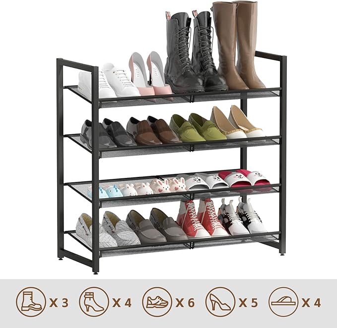 Metal Shoe Rack for Closet,entryway, 4-Tier Shoe Organizer, Adjustable Flat or Angled Shelves, Holds up to 20 Pairs Shoes, Bl