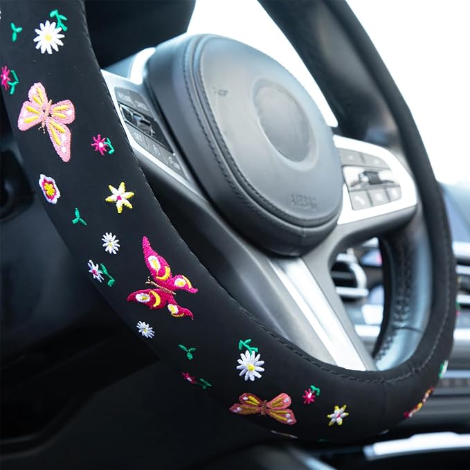 Embroidered Butterfly Daisy Cute Black Steering Wheel Cover, Auto Anti-Slip Breathable Steering Wheel Protector, Butterfly Floral Car Accessories for Women,Universal Size Fit Most Cars -15 inch