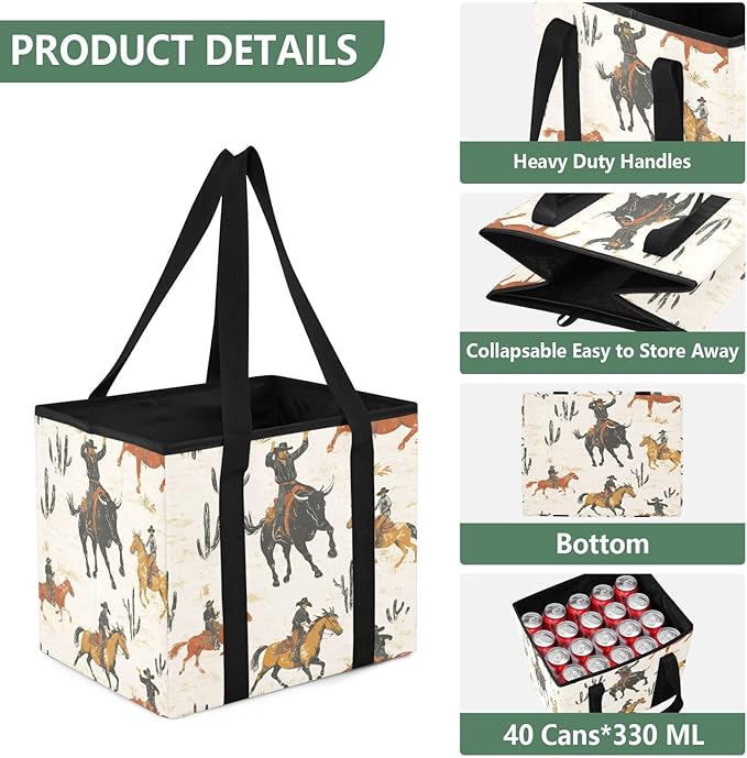 Western Cowboy Reusable Grocery Bags Large Shopping Tote Bag with Reinforced Bottom Board, Water Resistant Foldable Storage B