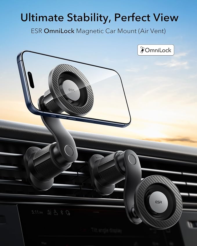 ESR OmniLock for MagSafe Car Mount, 360° Rotation, Car Phone Mount for Air Vent, Magnetic Phone Holder for iPhone 17e/17/16/15/14/13/12,Google/Samsung/Android,All Smartphones(2 MagSafe Rings Included)