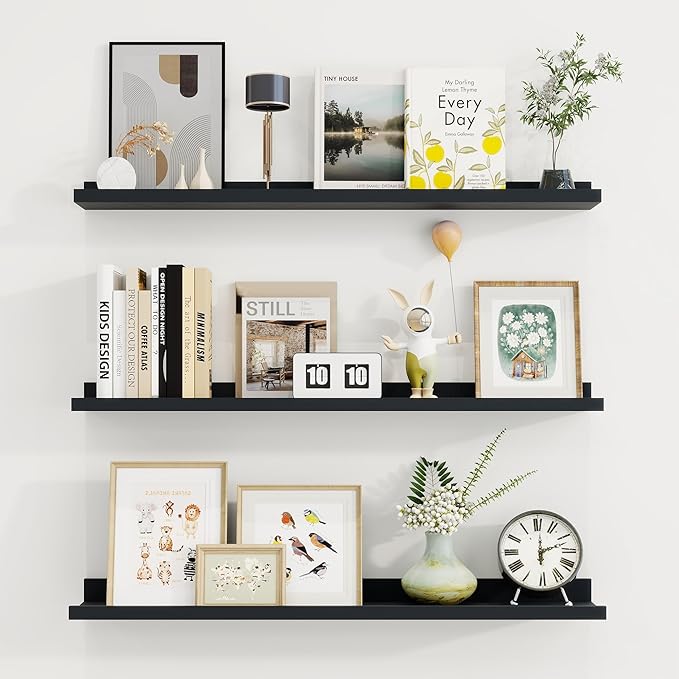 Axeman 30 Inch Floating Shelves | Black Picture Ledge Shelf Set of 3 | Rustic Wood Wall Shelves with Lip | 30" Black Picture 