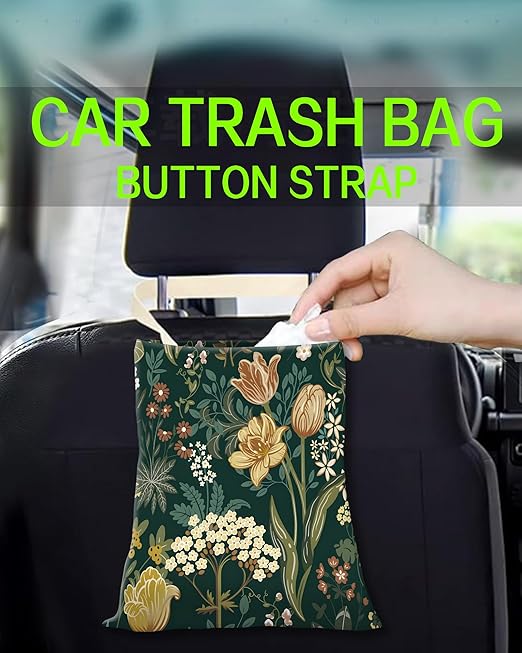 Car Trash Can, Durable Hanging Car Trash Garbage Bag, Cute Automotive Garbage Cans Organizer, Cute Green Floral