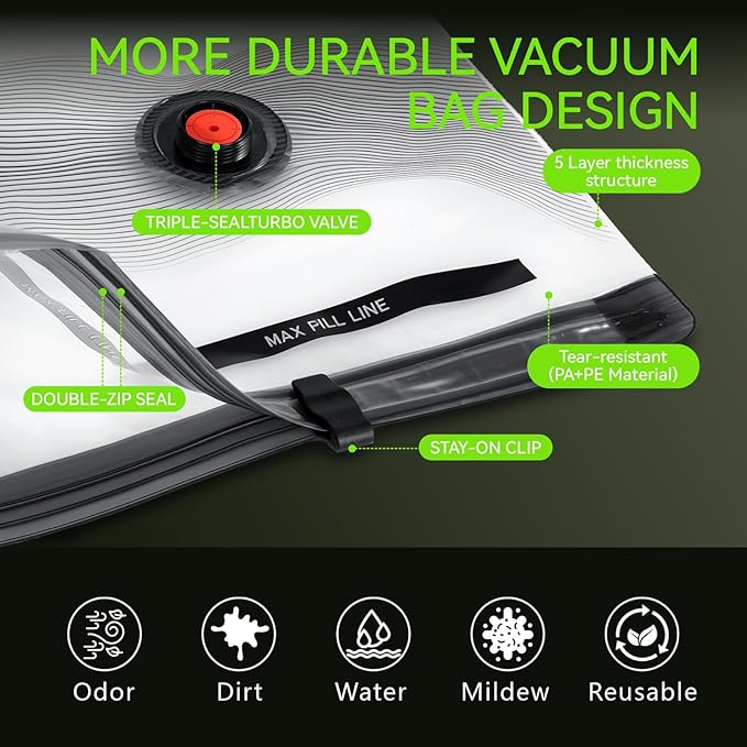 Vacuum Bags for Travel - USB Electric Pump, 15 Pack Carry-on Size Vacuum Seal Bags for Clothing - Space Saver Vacuum Storage 