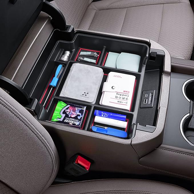EDBETOS Center Console Organizer Tray for 2021-2026 Chevy Tahoe/Suburban and 21-2024 GMC Yukon Accessories, Fit Standard Console with Charging Socket Only, NOT for Power Sliding Console, Red