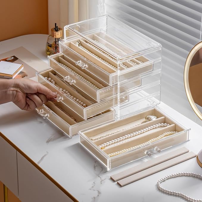 YUFONG Necklace Holder Organizer, Dustproof Necklace Box Velvet Necklace Organizer Box with Lid Clear Acrylic Dustproof Stack
