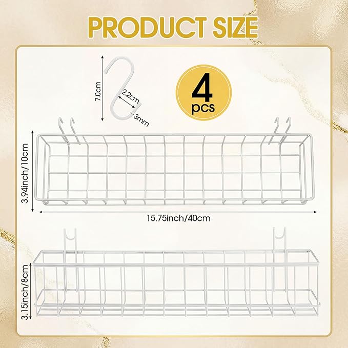 White 4 Pack Grid Wall Hanging Baskets with 16 S Hooks, 15.8 x 3.9 x 3.2 Inch Metal Wire Wall Mount Storage Baskets for Grid 