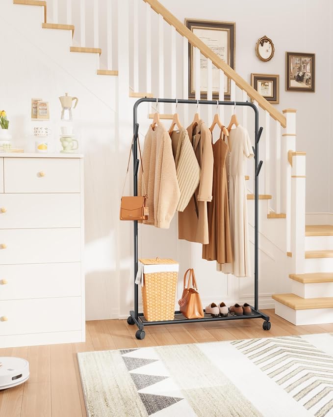 Sakugi Clothes Rack - Metal Coat Rack with Bottom Shelf, Portable Wardrobe Rack with 6 Side Rods, Rolling Clothing Rack for H