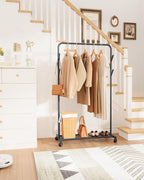 Sakugi Clothes Rack - Metal Coat Rack with Bottom Shelf, Portable Wardrobe Rack with 6 Side Rods, Rolling Clothing Rack for H