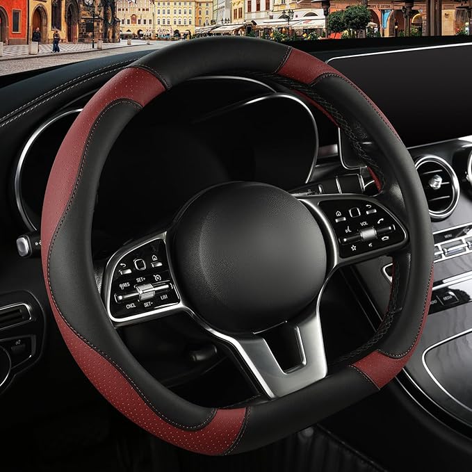 Microfiber Leather D Shaped Steering Wheel Cover, Breathable, Anti Slip, Universal 15 inch, Black with Burgundy