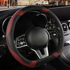 Microfiber Leather D Shaped Steering Wheel Cover, Breathable, Anti Slip, Universal 15 inch, Black with Burgundy