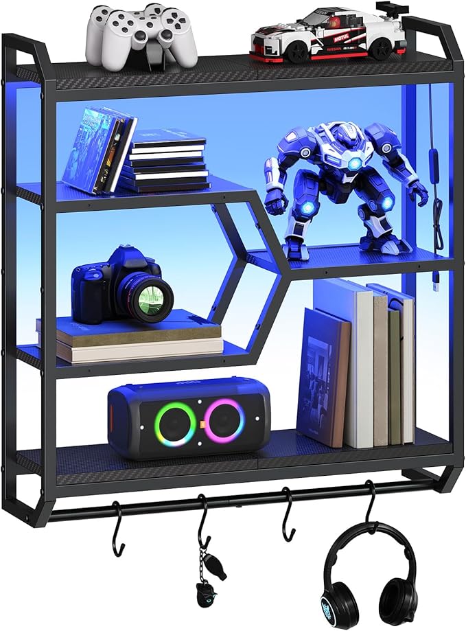 HOOBRO Gaming Floating Shelf with LED Lights, 27.5" LED Wall Mounted Shelf with Hanging Rod & 4 S-Hooks, 4-Tier Hanging Displ
