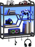 HOOBRO Gaming Floating Shelf with LED Lights, 27.5" LED Wall Mounted Shelf with Hanging Rod & 4 S-Hooks, 4-Tier Hanging Displ