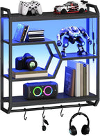 HOOBRO Gaming Floating Shelf with LED Lights, 27.5" LED Wall Mounted Shelf with Hanging Rod & 4 S-Hooks, 4-Tier Hanging Displ