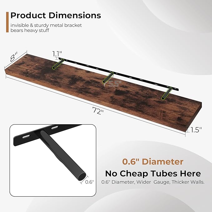 Fun Memories 72 Inch Floating Shelves for Wall, Fireplace Mantel Shelf with Invisible Heavy Duty Bracket, 8 Inch Deep Storage