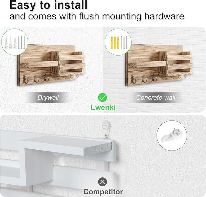 Lwenki Mail Organizer for Wall Mount – Key Holder with Shelf Includes Letter Holder and Hooks for Coats, Dog Leashes – Rustic