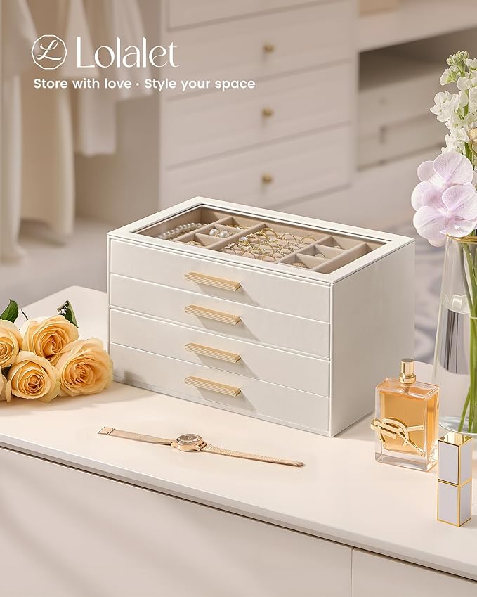 Lolalet Jewelry Box Organizer, 4-Layer Jewelry Organizers and Storage Case with Glass Lid, Ring Earring Bracelet Necklace Hol