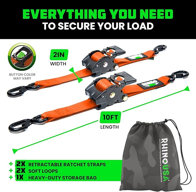 Rhino USA Retractable Ratchet Straps (2-Pack) - 2 Inch x 10 Feet (3,033lb Break Strength) - Heavy Duty Auto Self Retracting Tie Down Straps for Truck, Cargo Trailer, Motorcycle, Rad & More - Orange