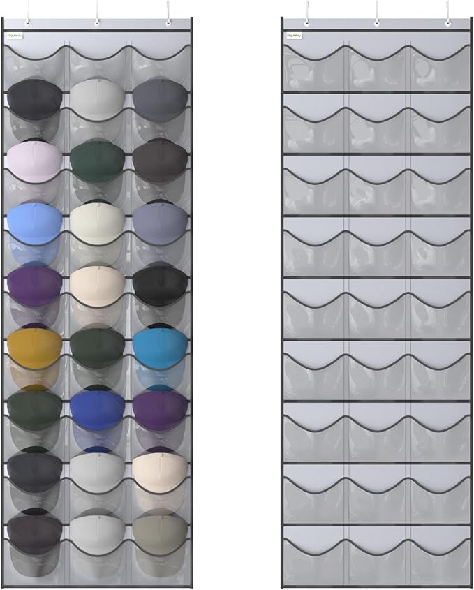 Unjumbly Baseball Hat Rack, 27 Pocket Over-The-Door Hat Organizer with Clear Deep Pockets to Display Baseball Caps Collection