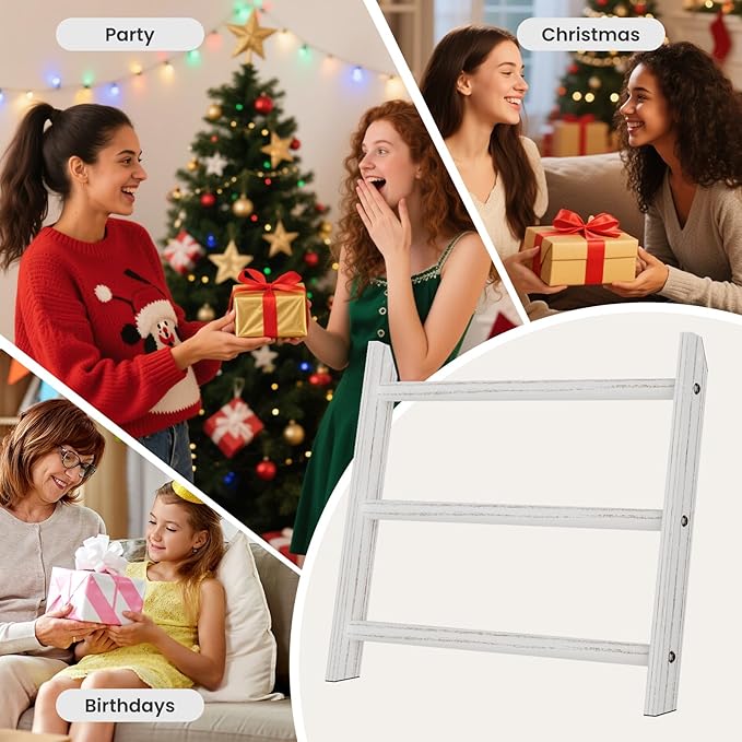 XLHOMO White Blanket Ladder Wall-Mounted, 3 Tier Wooden Rustic Mini Ladder Shelf for Living Room & Bathroom, Holder Display H