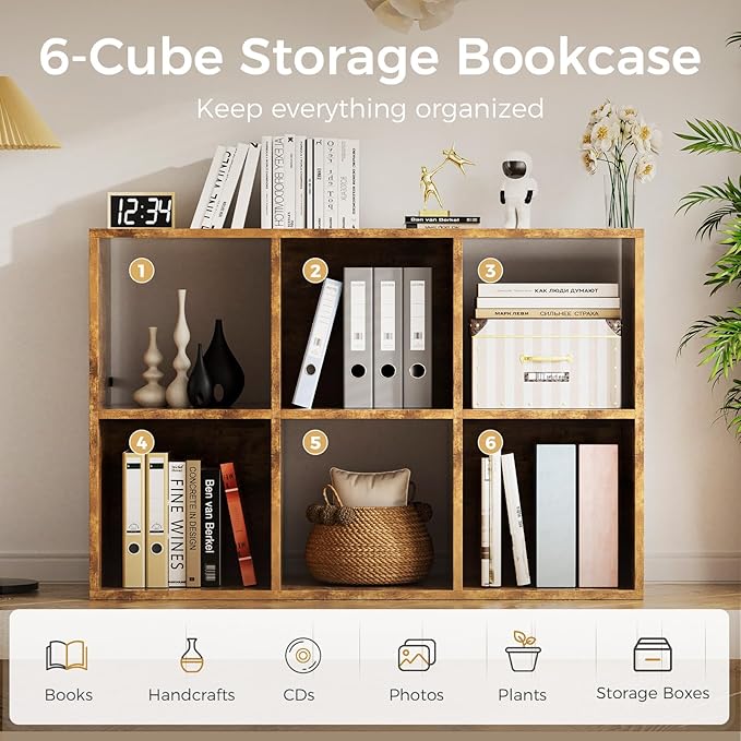COMHOMA 6 Wood Cube Storage Organizer with Open Back and Removable Back Panels, 11In Brown Cube Storage Bookshelf, Cubicle Sh
