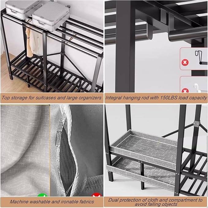 Portable Foldable Wardrobe Closet, Grey Heavy Duty Garment Rack with Fabric Cover and 2 Hanging Rods, 50cm Large Capacity Ext