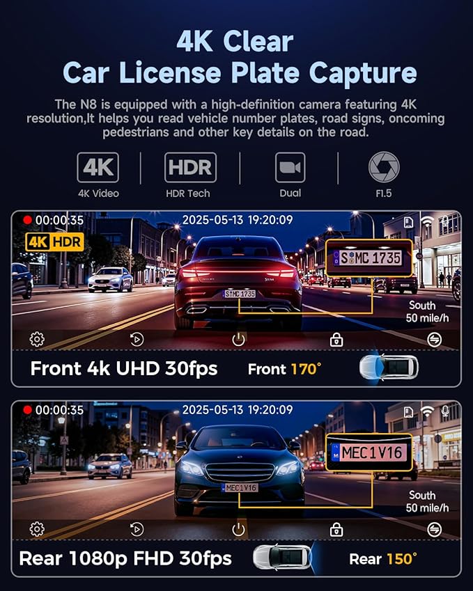 COOLCRAZY Dash Cam Front Rear - 4K+1080P Full HD Dashcam Free 64GB Card, with 5G WiFi GPS, Dual Dash Camera for Cars with 3" 