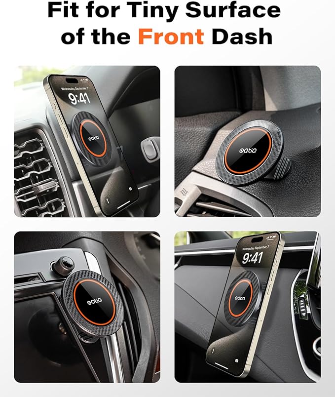 OQTIQ for MagSafe Car Mount - 17 N54 Magnets, 360° Rotation Magnetic Phone Holder for Dashboard, Compact & Space-Saving, Compatible with iPhone 17/16/15/14/13/12
