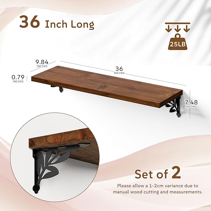 Solid Wood Floating Shelves for Wall with Metal Brackets,2 Tier 36 inch Pinewood Wall Shelf,Suitable for Multiple Places Such