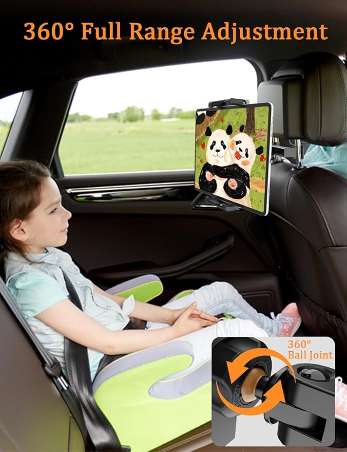 Car Headrest Tablet Holder, [Adjustable Extension Arm] Back Seat Tablet Mount with Foldable Wide Clip, Essential for Kids Travel, for iPad Pro 13, Air, Mini, Galaxy Tab, Fire, 5.5-15.6" Devices
