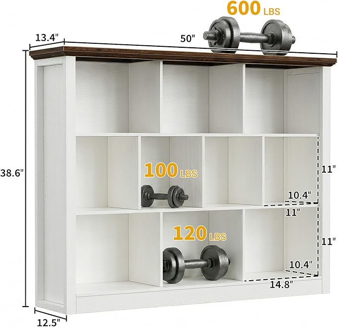 Unikito 10 Cube Storage Book Shelf - 50" Wide Wood Cube Storage Organizer, Wooden 3 Tiers Floor Standing Low Bookcase for Liv
