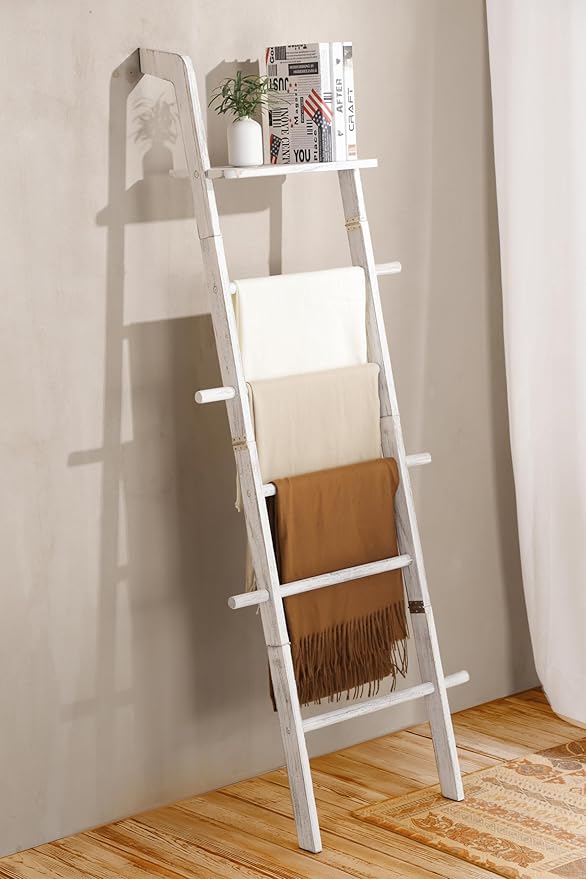 Wash White Wood Blanket Ladder with Top Shelf for the Living Room, 67in Decorative Blanket Holder, 5 Tier with Side Hooks for