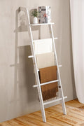 Wash White Wood Blanket Ladder with Top Shelf for the Living Room, 67in Decorative Blanket Holder, 5 Tier with Side Hooks for