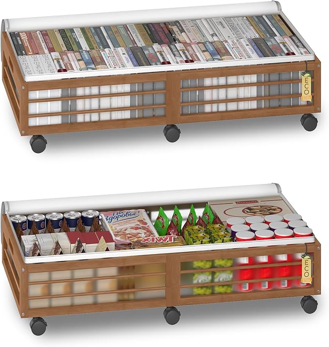 Bamboo Underbed Storage Containers with Wheels & Bag 2 Pack, Large Under Bed Rolling Storage Bins Wood Under Bed Clothes Stor
