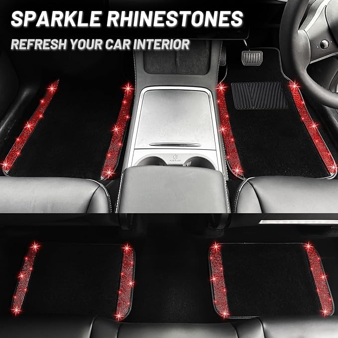 NBTEPEM Bling Car Floor Mats Full Set and Steering Wheel Cover, Universal Fit Most Cars, 4 pcs Sparkle Glitter Diamond Carpet, 5 pcs Bling Car Accessories Set for Women (Red Diamond)