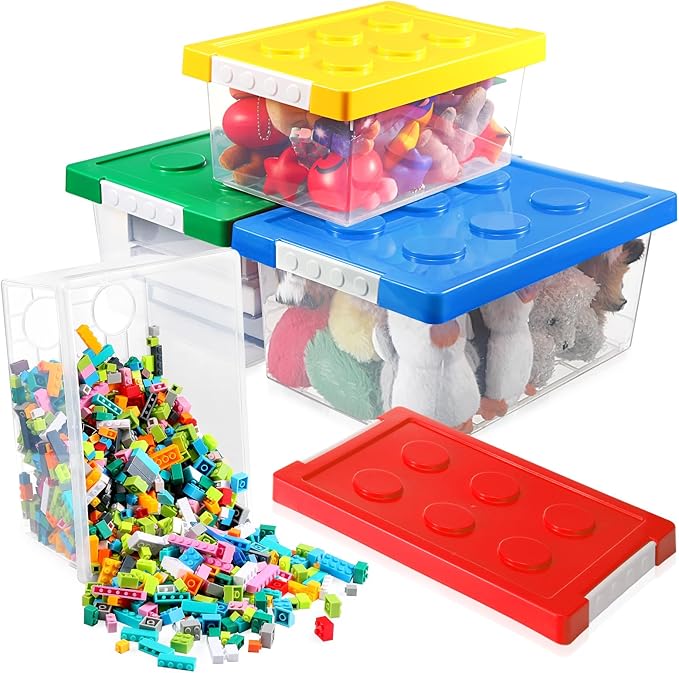 Vicenpal 4 Pack Toy Storage Containers with Lids Brick Shaped Kids Toy Organizer Box Plastic Clear Stackable Bin Chest for Bu