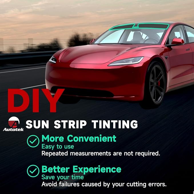 AUTOTEK Windshield Sun Strip for Tesla Model 3 2024-2026, 2 Ply Front Windshield Strip Tint Heat Blocker & UV Protection, Anti-Glare Precut Sunshade Window Tint Film, Car DIY Accessories