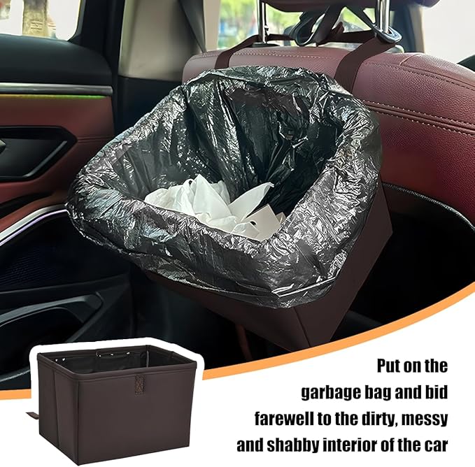 Car Trash Can, Leather Foldable Large Capacity Vehicle Hanging Garbage Bin Organizer, Waterproof Auto Interior Storage Bag Container Accessories, Universal for SUV Sedan Truck (Brown)