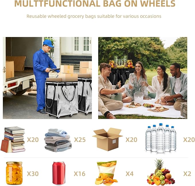 (Medium, Starlight Silver)Reusable Grocery Bag on 4 Wheels,Foldable Rolling Tote Carries Up to 66lb Shopping Trolley,Rolling Bag with 3 Handles,Zipper Clouser Rolling Tote Bag with Wheels for Laundry