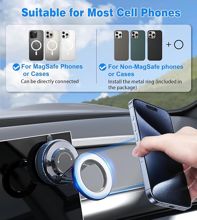 Vacuum Magnetic Car Phone Holder Stand,360° Adjustable Car Phone Mount for Magsafe with Suction Cup & Swivel Lock,Foldable Phone Holders for Your Car,Cell Phone Car Mount for iPhone & Android
