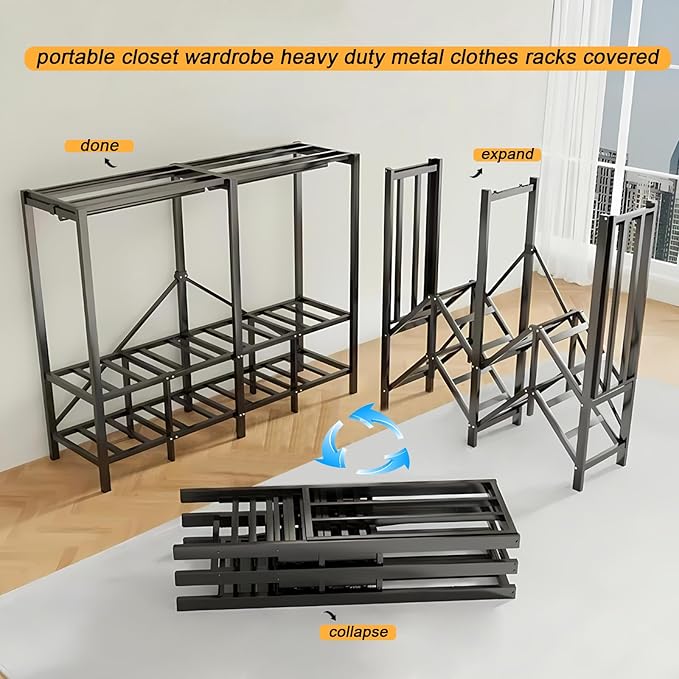 59.1in Foldable Portable Wardrobe ClosetS for Hanging Clothes Heavy Duty Garment Rack with Cover Folding Metal Clothing Racks
