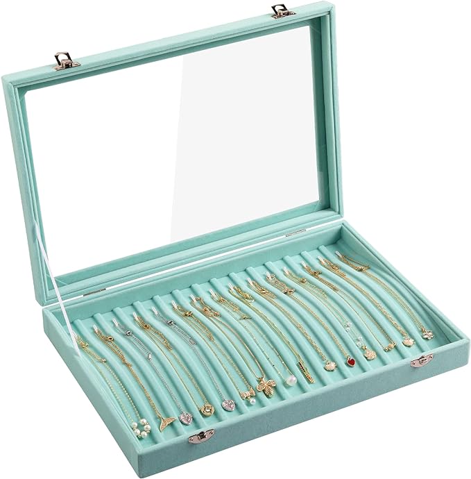 Frebeauty 15 Hooks Necklace Tray Velvet Neckalce Organizer with Clear Lid Lockable Necklace Holder Box Jewelry Organizer for 